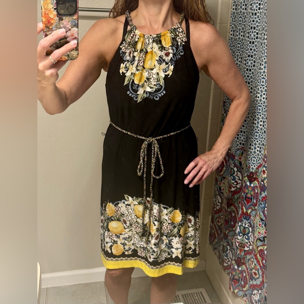White House Black Market Black Halter Dress with Yellow Floral Trim NEW, Large - Picture 6 of 7